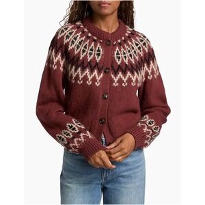 NEW DOEN Clarke Cardigan Sweater Women XL Burgundy Fair Isle Merino Alpaca Wool